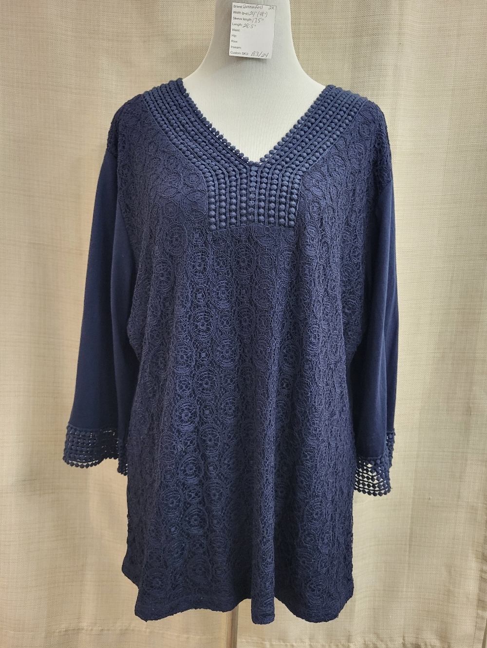 Shannon Ford Women's Navy Blue Lace Crochet 3/4 Sleeve Tunic Top Stretch Size 2X